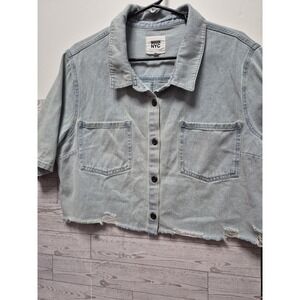 MADDEN NYC HALF JEAN TOP DISTRESSED Size XL Faded Lt. Blue Button Up